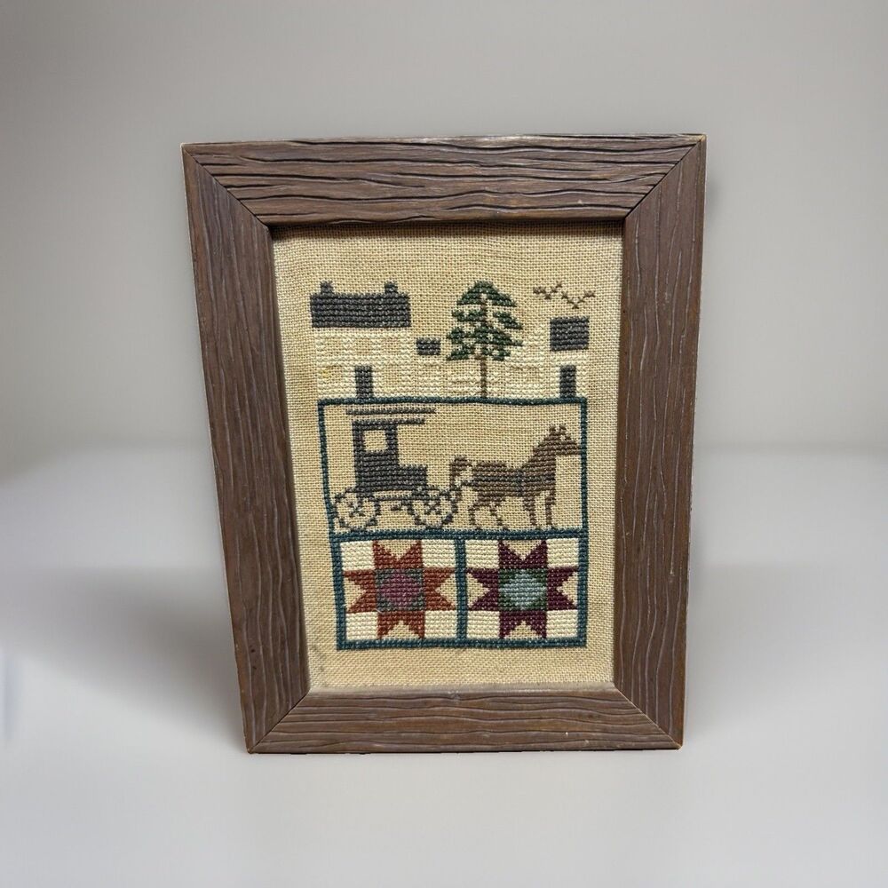 1986 Prairie Schooler Counted Cross Stitch Framed Amish Horse Buggy Quilt Art